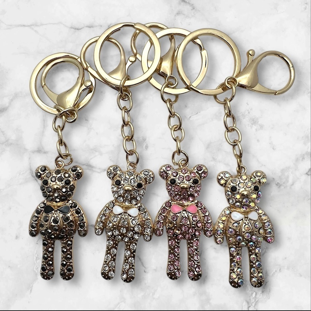 Gold Toned Coquette 2” Teddy Bear Keychain with Clear Rhinestones and Bow - Picture 4 of 4